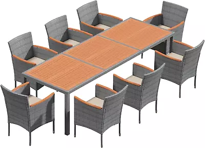 9 Piece Patio Dining Set Outdoor Acacia Wood Table And Chairs With Soft Cushions • $706.55