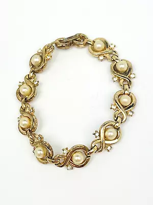 Vintage Signed Trifari Gold Tone Faux Pearl And Rhinestone Bracelet • $24.95