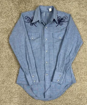 1970’s Vintage Denim Chambray Hand Stitched Rockabilly Western Snap Shirt • $29.99