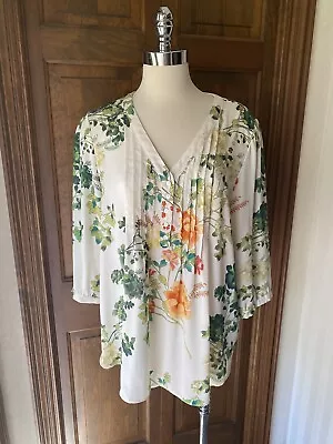 ROSE + OLIVE Cream W Multi Colored Floral Lightweight 3/4 Sleeve Blouse SZ 1X • £24.11