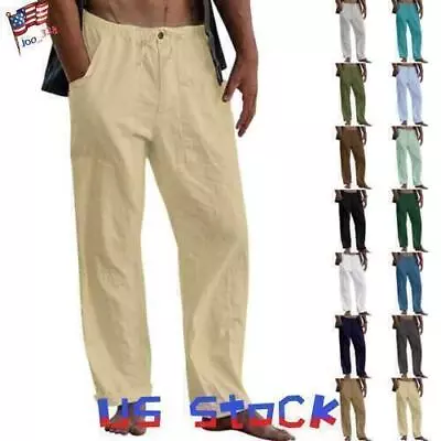 Mens Summer Cotton Linen Loose Long Pants Casual Baggy Beach Buttoms Trousers US • $21.09