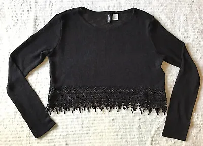 H & M Divided Women ‘s Knit Crop Top With Lace Trim Black Sz Small • $9
