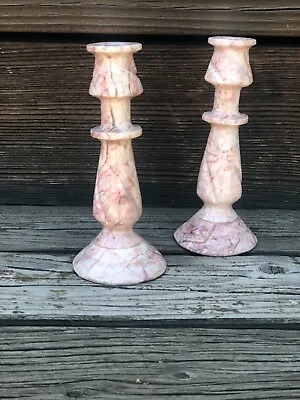 Alabaster Pink Marble Candlesticks Candle Holder Carved Pair  6  • $32