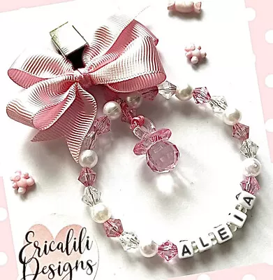 Personalised Pram Charm Clip Dummy White Pink Mum Bag Baby Shower Gift In Memory • £7.95