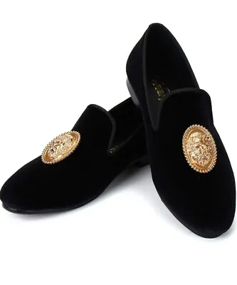 Harpelunde Lion Metal Buckle Wedding Shoes Men Black Velvet Loafer Size 13 • £75.99