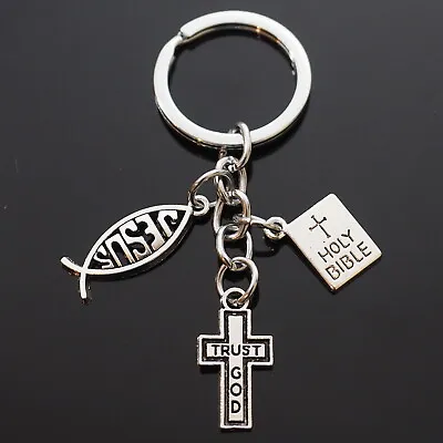$6.19 • Buy Trust God Cross Jesus Fish Christian Holy Bible Charms Keychain Gift Key Chain