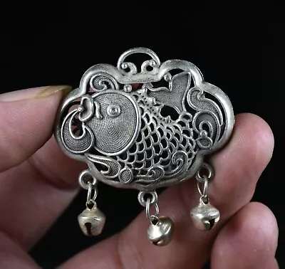 4.5CM Old Chinese Miao Silver Fish Lotus Longevity Lock Bell Pendant • $19.90