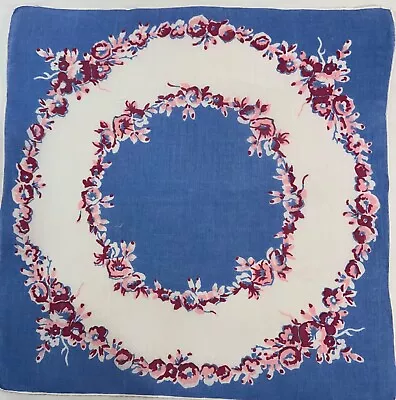 Fabulous 12 1/2” Vintage Pink/blue/purple Floral Borders On Linen Handkerchief • $5.99