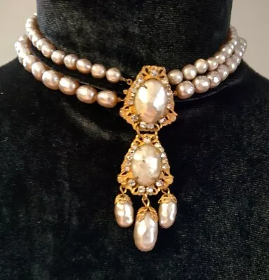 Stunning Miriam Haskell Baroque Pearl & Rose Montee Centerpiece Necklace • $325