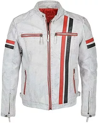 Men's Biker Cafe Racer White Motorcycle Vintage Red Black Stripes Leather Jacket • $106