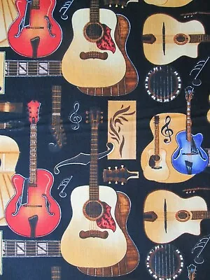 GUITAR CLASSIC ROCK GUITARS MUSIC NOTES BLACK COTTON FABRIC FQ 30 Wide • $4.28