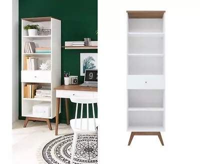 Tall Bookcase Shelving Display Storage Unit Wood Legs Scandi White Walnut Heda • £204.95