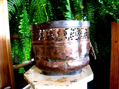 Vintage Copper Planter Jardinière With Lions Head Handles Pierced Top REDUCED • $45