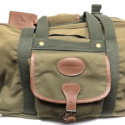 Vtg Eddie Bauer Canvas Duffel Bag 90s Carry On Weekender Travel Leather Green • $79.95