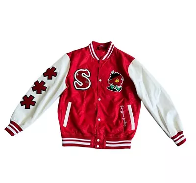 Zara White Red Bomber Jacket With Patches New Face Same Spirit Size M Nwot • $80