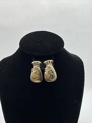 Solid 10K Yellow Gold Diamond Cut MONEY BAG Stud Earrings (25mm X 14.7mm) 3.4gr. • $395.99