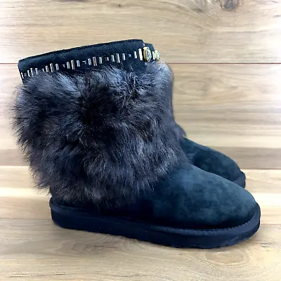 UGG Womens Boots 8 Black Suede Vilet Bling Rhinestone Shearling Fur Lined Fluff • $49.88