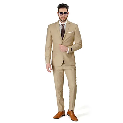 Tan Beige Slim Fit Men Suit 2 Button Notch Lapel Azar Man Vest Optional 4030-10 • $179