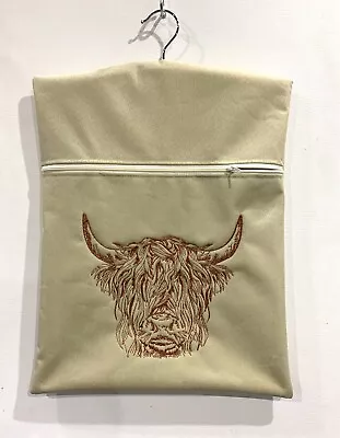 Hand Made Waterproof Peg/Hanging Storage Bag Zipped 12½x16  Cream/ Highland Cow • £6.95