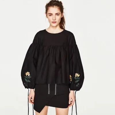 Nwt Zara Black Poplin Top With Floral Embroidered Frilled Sleeves 0881/013 • $19.99