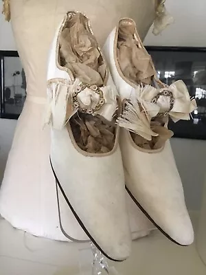 RARE! Vintage Edwardian Victorian Ant. White Leather Wedding  Bridal Shoes 1903 • $99