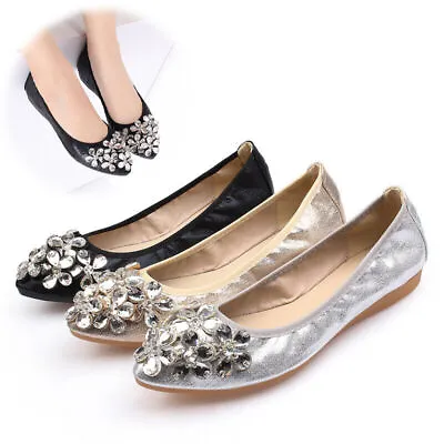 Ladies Sequin Bridesmaid Flat Pumps Women Diamante Soft Comfy Dance Shoes Size • $25.92