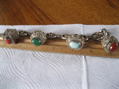 Antique Etruscan Revival 8  Charm Bracelet With 4 Large Baubles STERLING SILVER • $120