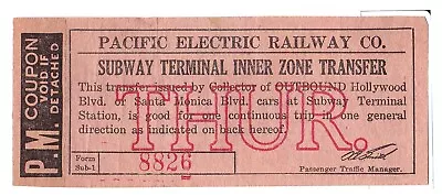 Streetcar Transfer: Pacific Electric Ry. Co. Subway Terminal Los Angeles - 1931 • $6.25