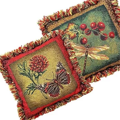 Vintage Tapestry 1 Pillow Flora Butterfly & Dragonfly Reversible  Fringe 12”x12” • $23.96