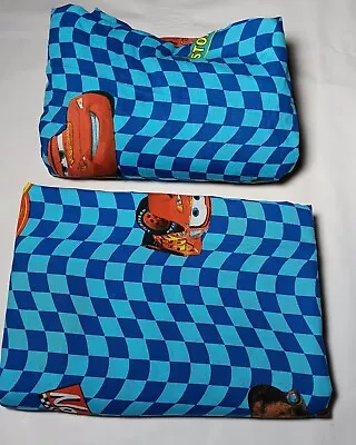 Disney Pixar Cars Twin Sheets Flat And Fitted Blue Checkered Kids Flawed READ • $16.99