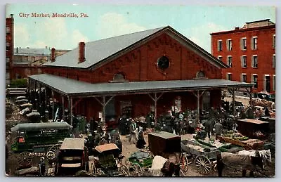 Meadville Pennsylvania~Crowded City Market~Horses W/Goods In Carts~c1910 PC • $12