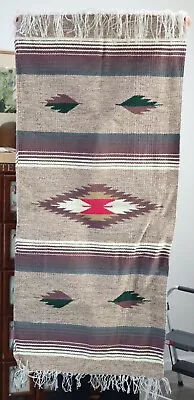 Vtg CHIMAYO MEXICAN Runner RUG 27x58  Fringed Stripe Wool Blend • $48