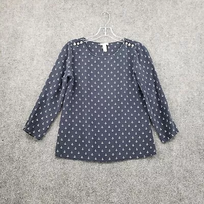 J.CREW Blouse Womens 2 Navy Blue Anchor All Over Round Neck 3/4 Sleeves Top • $4.99