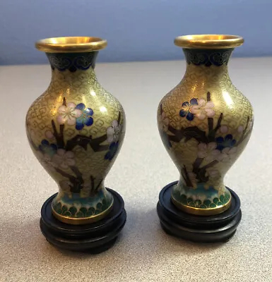  Vintage Cloisonne Enamel And Bronze Beige 4  Vase With Wooden Stand 2 PC Set • $38.66