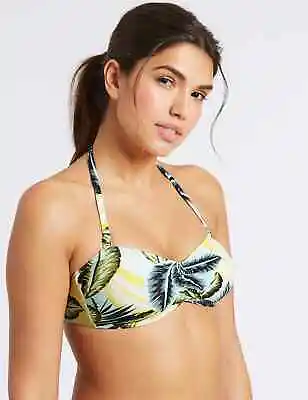 £9.95 • Buy MnS Leaf Print Halter/Bandeau Bikini Top With Padded Cups And Tie Side Bottoms  