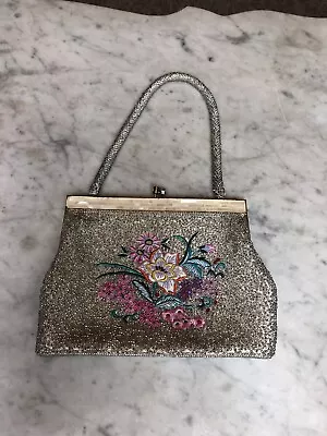 Silver Beaded & Embroidered Small Floral Vintage Bag Purse Handbag • $59.99