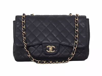 CHANEL Black Caviar Leather Classic Jumbo Flap Gold CC Chain Shoulder Bag Purse • $4250