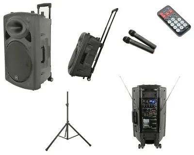 QTX QR12PA Battery + Mains Portable 200W Speaker 2 X Radio Mic USB SD + Stand • £304