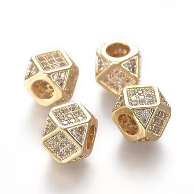 10Pcs Brass Polygon Clear Real Gold Plated Micro Pave Cubic Zirconia Beads 6.5mm • $19.31