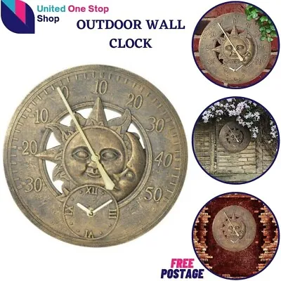 £16.99 • Buy Outdoor Indoor Garden Station Wall Clock Sun & Moon Clocks With Thermometer UK