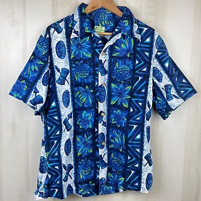 VTG 1960s Ui-Maikai Hawaiian Shirt Blue Batik Tribal Tiki Made In Hawaii Sz M/L • $36