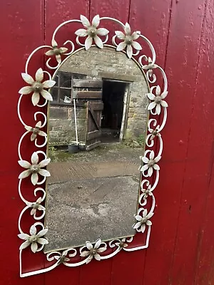 Vintage Cream Wrought Metal Mirror - 73cm X 45cm - Floral Design Metal Frame • £38