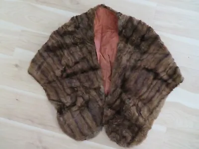 Real Fur Muskrat Or Mink? Brown Shawl Cape Stole Satin Lined Wrap Pockets Tear • $25