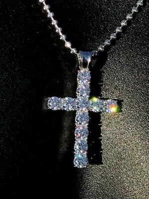 Solid 925 Sterling Silver Cross 5ct Tennis Simulated Diamond W. Moon Cut Chain • $33.37