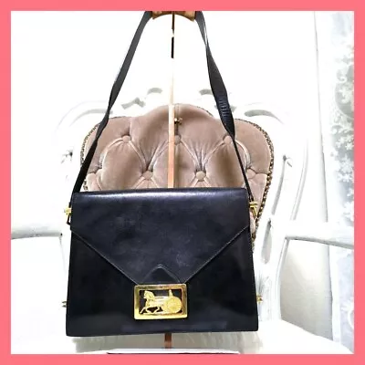 Vintage CELINE Shoulder Bag Horse Carriage Leather Black Gold Authentic From JPN • $298