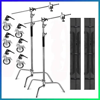 2 Pack Heavy Duty Stainless Steel C-Stand With Hold Boom Arm Grip Head Wheels • $355