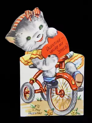 Vtg Mechanical Die-Cut Valentine Card Anthropomorphic Cat Trike YOU'RE MY SPEED • $4.95