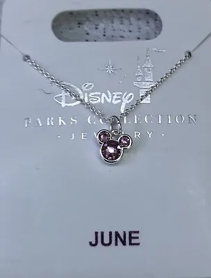 Disney Parks Mickey Mouse Icon Silver Tone Crystal June  Birthstone Necklace • $15.95