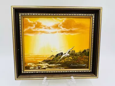 Vintage Framed Oil Painting Golden Seaside Sunshine Beach Nature Birds SIGNED • $74