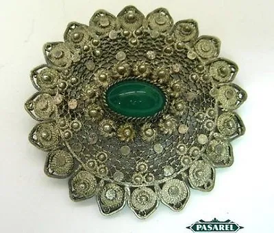 Fine Silver Filigree Green Agate Brooch Jerusalem 1940s • $95